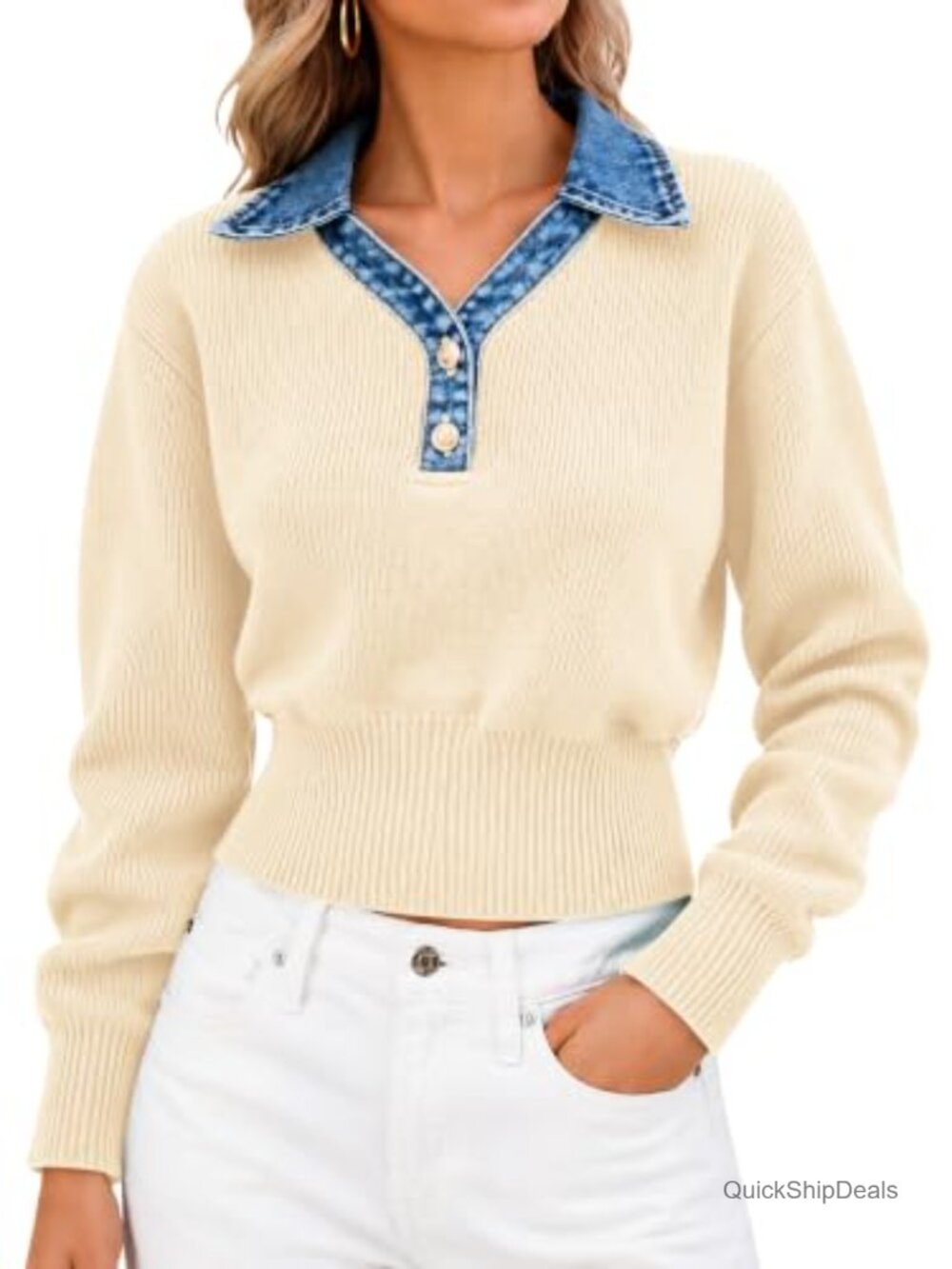 Cropped Denim Polo Sweater Ribbed Knit Button Up Top